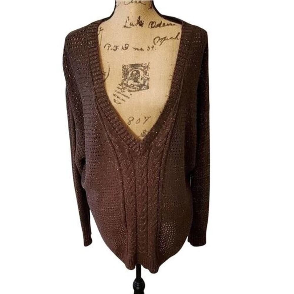 Lane Bryant Brown Gold Metallic V-Neck Cable Knit Pointelle Sweater 18/20 2X